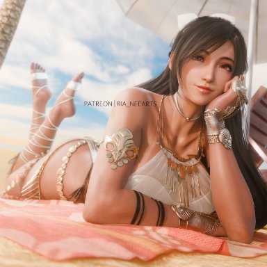 final fantasy, final fantasy vii, final fantasy vii rebirth, final fantasy vii remake, square enix, tifa lockhart, ria-neearts, beach, big ass, big breasts, feet, female, female only, thick thighs, 3d