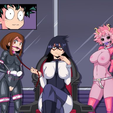 my hero academia, izuku midoriya, midnight (my hero academia), mina ashido, nemuri kayama, ochako uraraka, argrim, armbinder, arms tied behind back, ball gag, bdsm collar, big breasts, bondage mittens, chastity belt, chastity device