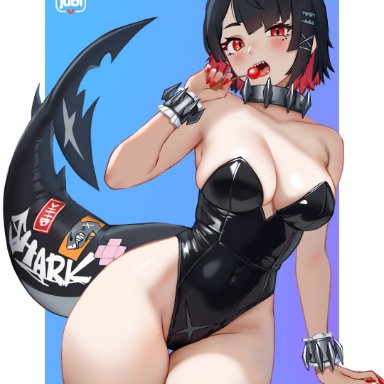 zenless zone zero, ellen joe, 1girls, alternate costume, animal ears, big breasts, black hair, black leotard, blush, blush lines, blushing at viewer, breasts, bunny girl, bunnysuit, cleavage