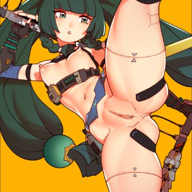 zenless zone zero, qingyi (zenless zone zero), cheunchin, android, black gloves, blunt bangs, braid, breasts, female, fingerless gloves, gloves, green eyes, green hair, holding, holding weapon