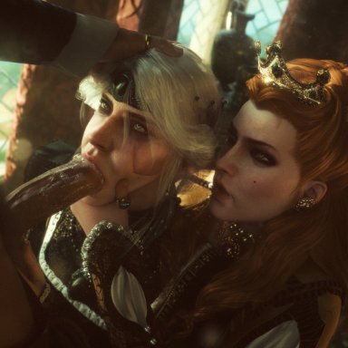 cd projekt red, the witcher (series), the witcher 3: wild hunt, anna henrietta, ciri, cirilla fiona elen riannon, ceeeeekc, 1boy, 2girls, blonde hair, blowjob, collaborative fellatio, crown, cum, cum in mouth