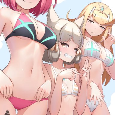 xenoblade (series), xenoblade chronicles 2, mythra, nia, pyra, zambonito, :/, 3girls, adapted costume, adjusting clothes, adjusting swimsuit, ass visible through thighs, bikini, blonde hair, blush