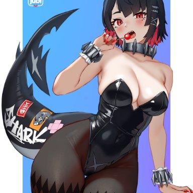 shark tail, zenless zone zero, ellen joe, 1girls, alternate costume, animal ears, bare arms, bare shoulders, big breasts, black hair, black leotard, black pantyhose, blush, blushing at viewer, breasts