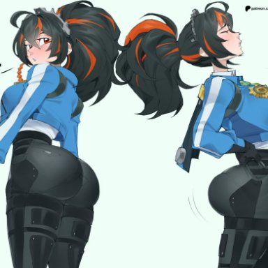 zenless zone zero, zhu yuan, flytrapxx, 1girls, ass, big ass, big butt, black hair, clothed, clothed female, clothing, female, female only, ponytail, red hair