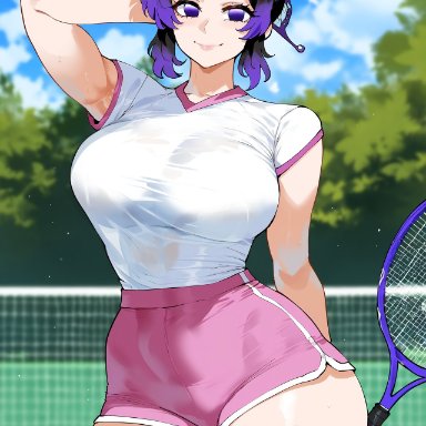 demon slayer, kimetsu no yaiba, kochou shinobu, creamy ai, black hair, curvy, dolphin shorts, large breasts, multicolored hair, pink shorts, purple eyes, purple hair, short shorts, shorts, tennis court