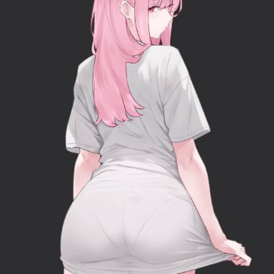 hololive, hololive english, mori calliope, bluefield, 1girls, ass, big shirt, bottomless, female, looking at viewer, looking back, oversized shirt, panties, panties visible through clothing, shirt only