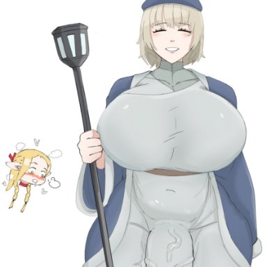 delicious in dungeon, dungeon meshi, falin touden, falin touden (tallman), shinhyunxi, 1futa, blonde female, blonde hair, blonde hair female, breasts bigger than head, breasts bigger than torso, bulge, bulge through clothing, closed eyes, clothed