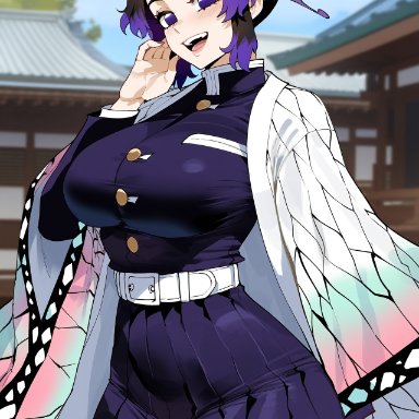 demon slayer, kimetsu no yaiba, kochou shinobu, creamy ai, black hair, curvy, demon slayer uniform, large breasts, multicolored hair, purple eyes, purple hair, thick thighs, wide hips, ai generated