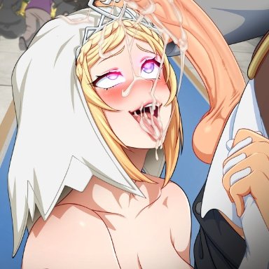 alexei barnes alderp, darkness (konosuba), satou kazuma, neocoill, 1girls, 2boys, after fellatio, bare shoulders, blush, braid, breasts, bride, crowd, crown, cum