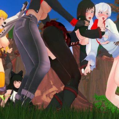 rwby, blake belladonna, ruby rose, weiss schnee, white fang (rwby), yang xiao long, dezerbitch, 6+girls, faunus, futa on female, futanari, group sex, topless, 3d, 3d animation