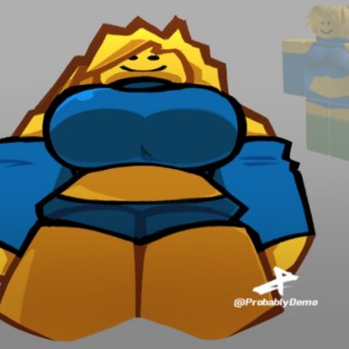 roblox, noob, roblox avatar, robloxian, probablydemo, 1girls, belly, breasts, cleavage, clothed, clothing, crop top, female, female only, leggings