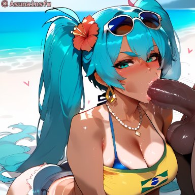 vocaloid, brazilian miku, hatsune miku, asunai, 1boys, aqua eyes, beach, bikini top only, blush, brazil, brazilian, brazilian female, crop top, dark-skinned male, denim shorts