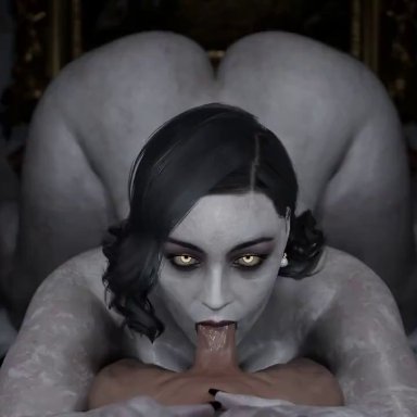 resident evil, resident evil 8: village, alcina dimitrescu, deathblooms, regina3d, 1boy, 1girls, ass up, big ass, dat ass, faceless male, fellatio, female, heels, huge ass