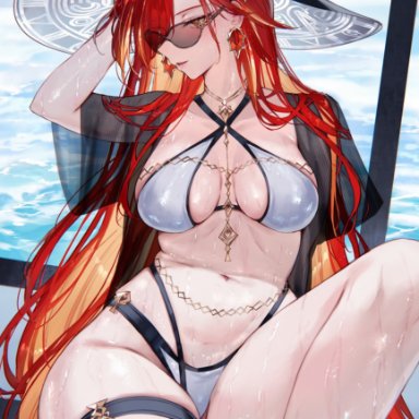 genshin impact, mavuika (genshin impact), qiandaiyiyu, alternate costume, belly, belly button, bikini, bikini bottom, bikini top, bra, day, long hair, looking at viewer, mature, mature female