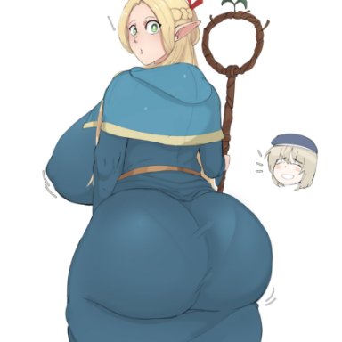 delicious in dungeon, dungeon meshi, marcille donato, shinhyunxi, !, 1female, 1girl, 1girls, ass bigger than head, ass bigger than torso, back view, backboob, backside, big nipples, blonde female