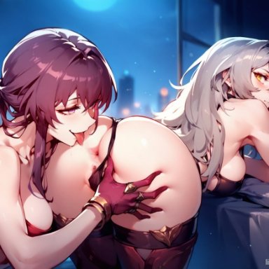 honkai: star rail, kafka (honkai: star rail), stelle (honkai: star rail), a1exwell, 2girls, anilingus, anus, ass, ass grab, bent over, female, grabbing, grabbing ass, tongue out, yuri