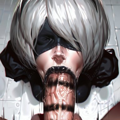 nier (series), nier: automata, platinum games, square enix, yorha 2b, aiporndude, 1boy, 1girls, balls, bangs, big lips, black lipstick, blindfold, blindfolded, bob cut