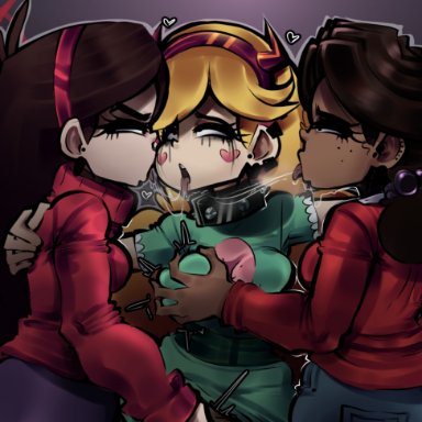 five nights at freddy's, gravity falls, security breach: ruin, star vs the forces of evil, the owl house, cassie (fnaf), luz noceda, mabel pines, star butterfly, penicilino123, pepitocuario123, 3girls, blonde hair, breast grab, breasts