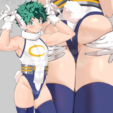 my hero academia, izuku midoriya, miruko (cosplay), g1 (artist), 1boy, animal ears, animal tail, anus, anus peek, ass, ass shot, big ass, blue thighhighs, blush, bulge