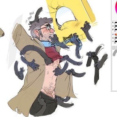 gravity falls, bill cipher, billford, stanford pines, 2boys, body hair, bound, chain leash, chin grab, dilf, disembodied hand, duo, grey hair, happy trail, headpat