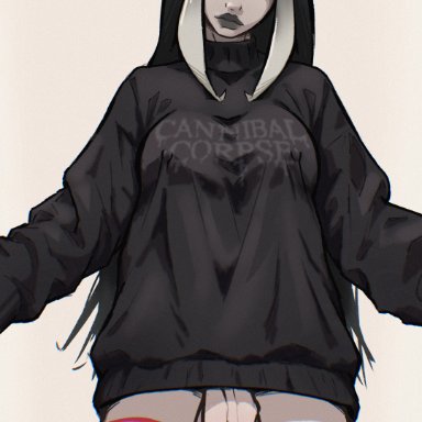 cannibal corpse, oc, original character, brad nsfw, 1futa, baggy clothing, balls, bangs, big breasts, big penis, black hair, black lipstick, black makeup, bottomless, closed mouth