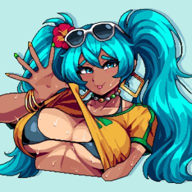 vocaloid, brazilian miku, hatsune miku, dih pixels, 1girls, brazil, brazilian, brazilian female, breasts, female, female only, large breasts, looking at viewer, shirt, shirt lift