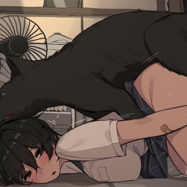 original, pepper0, 1boy, animal, bandaid, bandaid on arm, black fur, blush, bottomless, breast press, breasts, brown hair, canine, feet out of frame, female