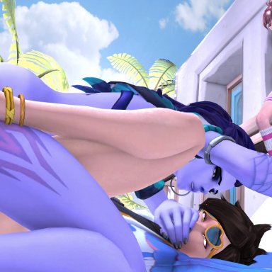 overwatch, tracer, widowmaker, o7sfm, barefoot, blue toenails, feet, female masturbation, female penetrated, futa on female, futa penetrating, futadom, futanari, hand gagged, hand over another's mouth