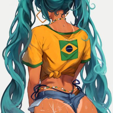 vocaloid, brazilian miku, hatsune miku, shinjinou, absurdly long hair, aqua hair, ass, ass focus, back focus, back view, blue hair, body chains, brazil, brazilian, brazilian female