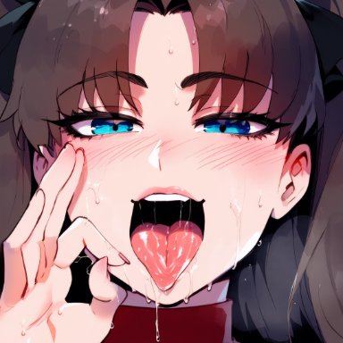 fate (series), fate/stay night, tohsaka rin, sinderellaart, 1girls, blowjob gesture, female, female only, solo, tease, teasing, wet, ai generated, thiccwithaq (ai style)