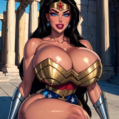 dc, dc comics, wonder woman (series), diana prince, wonder woman, bythebrokenone, 1girls, amazon, amazonian, big breasts, big thighs, black hair, blue eyes, breast plate, busty