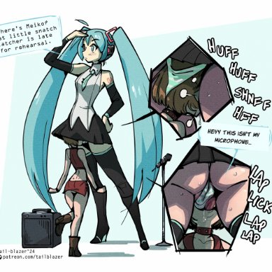 vocaloid, hatsune miku, meiko, meiko (vocaloid), tail-blazer, 2girls, clueless, cunnilingus, female, giant, giantess, oblivious, oral, panties, pussy