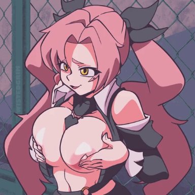 zenless zone zero, nicole demara, twistedgrim, big areola, big breasts, big nipples, breasts, fondling breast, jiggling breasts, mole on breast, pink hair, tits out, twintails, yellow eyes, animated