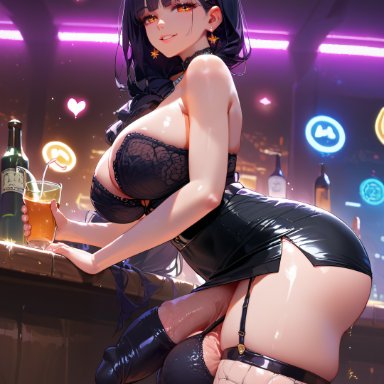 amiiari, 1futa, ball bra, big breasts, big penis, black hair, braid, bursting breasts, casual, casual nudity, crowd, dancer, detailed, dickgirl, dress