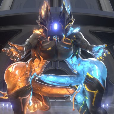 warframe, ember heirloom (warframe), monsterdongsart, 2futas, balls, blue body, breasts, erection, futa only, futanari, huge balls, huge cock, humanoid, humanoid penis, orange body