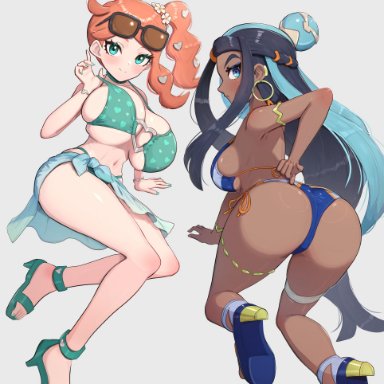 game freak, nintendo, pokemon, pokemon ss, nessa (pokemon), sonia (pokemon), gonzarez, 2girls, alternate breast size, aqua eyes, ass, bikini, black hair, blue eyes, blue hair