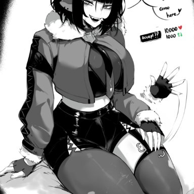 zenless zone zero, jane doe (zenless zone zero), masoq095, animal ears, animal tail, asymmetrical legwear, black hair, blush, bowtie, crop top, fangs, female, fingerless gloves, fingers, jacket