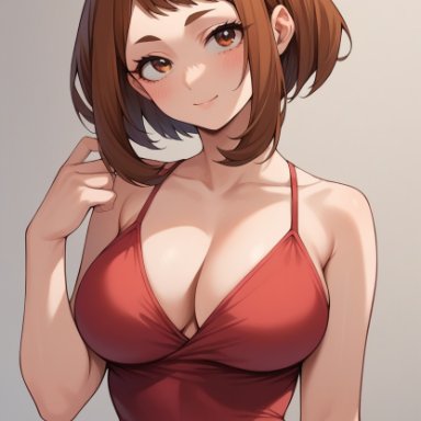 my hero academia, ochako uraraka, slimetenshi, big breasts, blush, bra, brown hair, looking at viewer, medium hair, posing, red, red clothing, ai generated