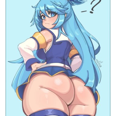 aqua (konosuba), minzouart, 1girls, aqua eyes, ass, big ass, big breasts, big thighs, blue eyes, blue hair, blush, breasts, clothed, clothed female, clothing