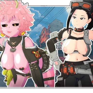 my hero academia, zenless zone zero, grace howard, mina ashido, momo yaoyorozu, nicole demara, biyo, 2girls, black hair, breasts, breasts out, cosplay, 3d, 3d (artwork)