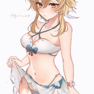 genshin impact, hoyoverse, mihoyo, lumine (genshin impact), artist request, 1girls, alternate costume, belly button, bikini, bikini bottom, bikini top, blonde hair, blush, bra, cleavage