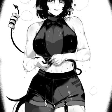 zenless zone zero, jane doe (zenless zone zero), masoq095, 1female, animal ears, animal tail, asymmetrical legwear, bare arms, bare midriff, bare shoulders, black hair, bob cut, crop top, curvy, female