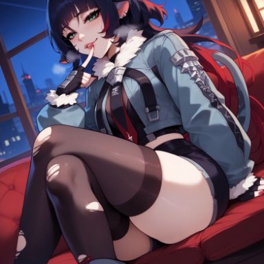 zenless zone zero, jane doe (zenless zone zero), balecxi, black hair, crossed legs, from below, green eyes, jacket, looking at viewer, mouse ears, necktie, ponytail, red nails, short hair, ai generated