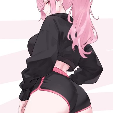 hololive, hololive english, mori calliope, bluefield, ass, ass focus, back, black jacket, black shorts, blunt bangs, breasts, contrapposto, cropped jacket, dolphin shorts, female