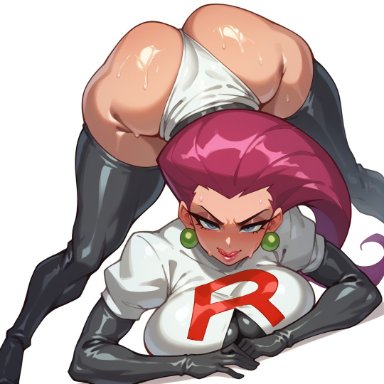 nintendo, pokemon, jessie (pokemon), rocksolidart, 1girls, ass, big ass, breasts, earrings, female, female only, legwear, looking at viewer, solo, solo female