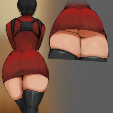 resident evil, resident evil 4, resident evil 4 remake, ada wong, paranoiddroid, 1girls, ass, big ass, black footwear, black hair, black pantyhose, black thighhighs, boots, clothing, dress