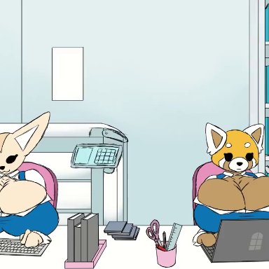 aggressive retsuko, aggretsuko, big boss, fenneko, retsuko, biboioioi, absurd proportions, big ass, big breasts, big penis, blowjob, cum, cumflation, dripping cum, full nelson