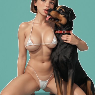 original, animal, areola slip, barefoot, bikini, breasts, brown eyes, brown hair, canine, clothing, collar, feet, female, interspecies, kneeling