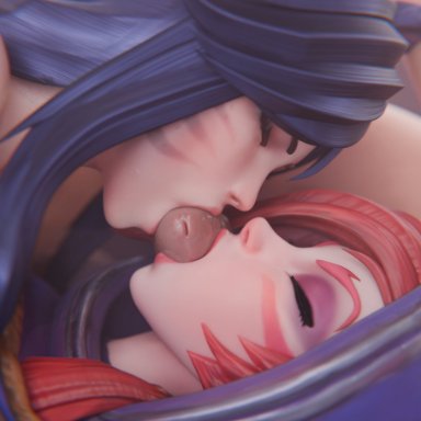 league of legends, riot games, ahri, vastaya, xayah, haadxee, 2girls, black hair, closed eyes, eyebrows, eyelashes, facial markings, fellatio, female, hair