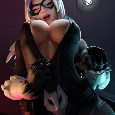 fortnite, fortnite: battle royale, marvel, marvel comics, spider-man (series), black cat (fortnite), black cat (marvel), felicia hardy, sixser, 1girls, big breasts, blue eyes, bodysuit, breasts, female